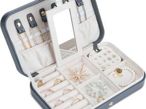 Caixa de jóias de viagem cinza para organizador feminino, organizador pequeno portátil de 2 camadas para brincos, anéis, colares, relógios, pulseiras, g
