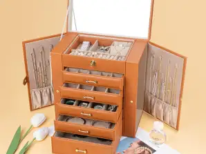 Elegante caixa de joias de 6 camadas com espelho e fechadura caixa de joias caixa de joias de couro caixa de joias para mulheres caixa de joias de presente cor de couro