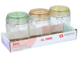 Sada 3 sklenených nádob s farebnými viečkami Skladovacie poháre na organizáciu kuchyne a konzervovanie potravín