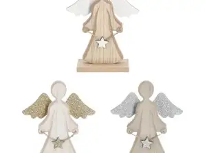 Zestaw 3 drewnianych aniołków na podstawie z brokatem, wysokość 16 cm