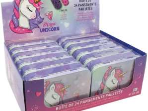 Benda per ferite di unicorno glitterato in scatola di metallo con motivo unicorno - Per bambini