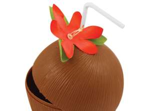 Kokos drikkekop med blomster og strå farverigt udvalg
