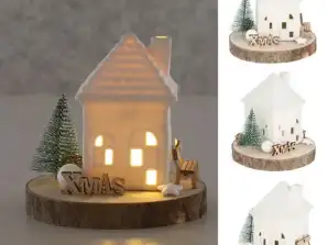 LED osvětlený keramický dům na dřevěné základně Okouzlující dekorativní osvětlení
