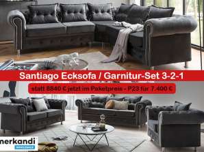 P23 Santiago Ecksofa / Garnitur-Set 3-2-1, Sofa Set in Veloursstoff grau