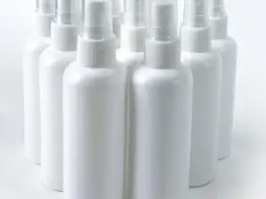 Plastmasas pudeles 100 ml, izgatavotas no HDPE, ieskaitot smidzinātāju un vāku, balta krāsa, tālākpārdevējiem, klientu atgriešana