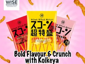 Entdecken Sie authentische japanische Snacks: KOIKEYA Scorn Yamitsuki BBQ, geschmolzener Quattro-Käse, Garnelen