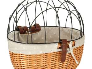 Wicker bicycle basket with metal grille carrier for cat dog