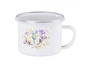 Emalinis puodelis su dangteliu Akvarelės gėlės 0,5l 12 cm emaliuotas pieno puodelis