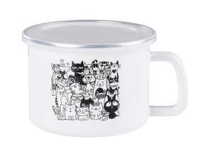Emalio puodelis su dangčiu Katės 0,9l Pieno puodelio emalis 12 cm