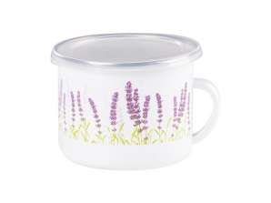 Enamel mug with lid Lavender flowers 0.9L Milk mug enamel 12 cm