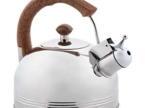 Stainless Steel Kettle With Whistle 2.5L Induction Silver Brown Handle