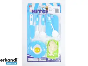 DOLL KITCHEN SET TOY EGG FISH CUTLERY PLATES 8 PIECES