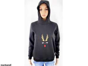 200 Pcs GlitterAngel Christmas Hoodies with Deer and Santa Motif Christmas Black, Textile Wholesale for Resellers Remaining Stock