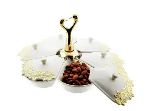 6 Piece Porcelain Snack Bowl Set in White Golden Holder and Floral Pattern
