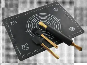Silikonová deska s nádobím černá 4 kusy Topfann válečková špachtle kartáč Silikon + bambus