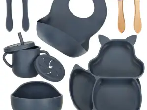 Силиконовая посуда для детей белочка набор из 9 штук темно-синего цвета