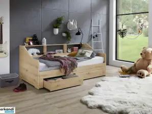 Функціональне ліжко RENE розсувне від 90 до 180 х 200 см, з 2 висувними ящиками та полицею, біле