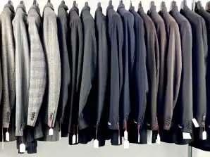 Márkás férfi öltönyök, 2 és 3 részes kabát, nadrág, mellény, különféle típusú kabátok. Modellek, márkák és méretek, viszonteladóknak, A-készlet