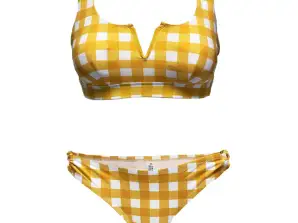 Yellow/white check print bikini sets for women