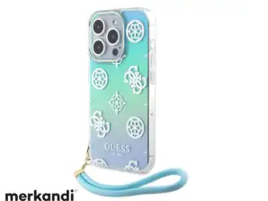 Guess iPhone 15 Pro Back cover Iridescent case - Glitter peony pattern - cordstrap - Turquoise