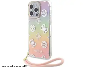 Guess iPhone 15 Pro Back cover case Iridescent - Glitter peony pattern - cordstrap - Pink J-TOO