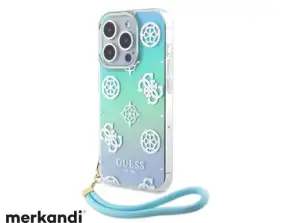 Guess iPhone 15 Pro Back cover case Iridescent - Glitter peony pattern - cordstrap - Turquoise J-TOO