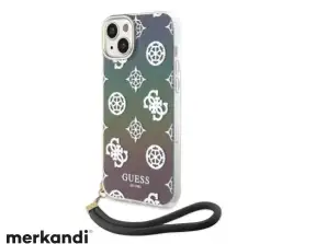 Guess iPhone 15 Back cover hoesje Iriserend - Glitterpatroon pioenroos - cordstrap - Zwart J-TOO
