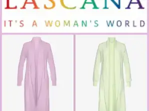 020081 women's cardigan coat from Lascana. A model in pink, purple and lettuce