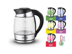 Electric Glass Kettle. Volume: 1,8L. With high borosilicate glass body, durable and stain resistant. Double-sided water level mark. Three operating mo