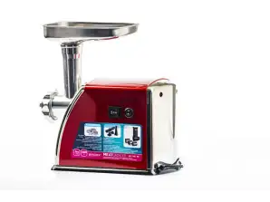 Meat Grinder with Accessories. Stainless steel housing and square tray. Stainless steel blade. Exchangeable 3 stainless steal cutting plates: 3mm, 5mm