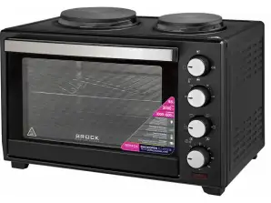 Backofen mit Heizflächen. Kapazität: 48L. Leistung: Backofen: 2000W; Heizelemente: 1000W + 600W. Innenbeleuchtung, Doppelverglasung. 220-240 V, 50/60 Hz.