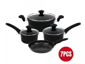 Herzberg 7 Pieces Marble Coated Cast Iron Cookware Set Black