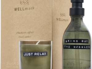 Wellmark Discovery Set: Dispensador de jabón ámbar oscuro 200 ml y vela perfumada