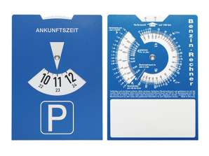 Název pro kartonový parkovací kotouč s benzínovou kalkulačkou modrobílý: Inovativní parkovací kotouč s benzínovou kalkulačkou v modrobílé barvě Smart & Useful