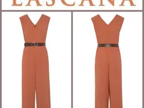 020145 summer women's jumpsuit by Lascana. There is a terracotta-colored model in the plumb line.