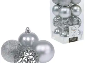 Christmas baubles shatterproof silver 6 cm set of 16 (4 x 4 different motifs)