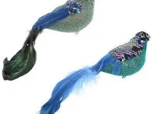 Oiseau sur clip paillettes bleu 25 cm 2 assortis marque Decoris