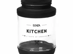 SENZA glass storage jar L black 25 cm with text KITCHEN taste of cooking