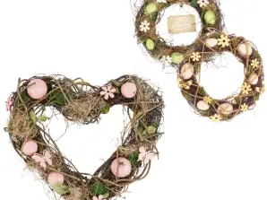 Spring wreath Easter 29 cm 3 assorted Decorated wreath in a round or heart shape. The wreath is decorated with eggs, twigs and wooden figures