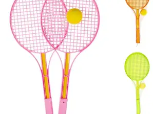 Tennis set with foam ball 51 cm set of 3 and Tennis racket with ball on elastic dino / safari / unicorn 24 cm 2 assorted