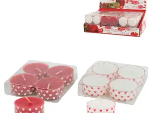 Theelichten hartjes rood/wit assorti set van 4 in kunststof pack in verkoop display full collor