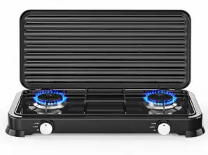 Cuisinière à gaz double avec couvercle Rosberg R51454D2 2x 2,2 kWh, 30 mbar, Acier au carbone, Noir