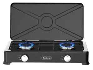 Cuisinière à gaz double avec couvercle Rosberg R51454E2 2x 2.2 kWh, 30 mbar, Acier au carbone, Noir