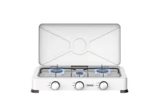 Cuisinière à gaz à trois brûleurs avec couvercle Rosberg R51454E3,30 mbar, Blanc, acier au carbone, Brûleur en aluminium moulé sous pression avec capuchon émaillé