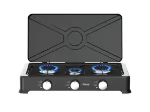 Cuisinière à gaz à trois brûleurs avec couvercle Rosberg R51454E3,30 mbar, noir, acier au carbone, brûleur en aluminium moulé sous pression avec capuchon de feu émaillé