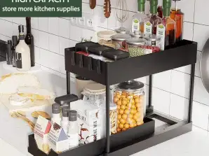 2 Tier Under Sink Kitchen Organizer with 4 Hooks for Cabinets, Kitchens, Bathrooms, Pantries, Laundry