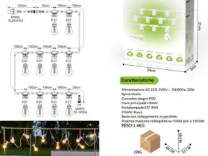 10 Meter weiße Lichterketten für den Außenbereich - 10 Steckdosen, IP54 wasserdicht, E27 AC 220-240V, 50/60HZ, 35W