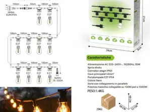 10 meters Black Outdoor string lights - 10 light sockets, IP54 waterproof, E27 AC 220-240V, 50/60HZ, 35W