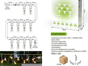 5 meters White Outdoor string lights - 10 light sockets, IP54 waterproof, E27 AC 220-240V, 50/60HZ, 35W