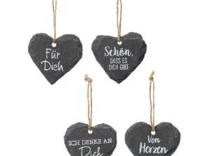 Lot de 4 coeur en ardoise avec dictons env. 7x7cm | Assiettes décoratives en forme de cœur | Coeurs en ardoise avec texte